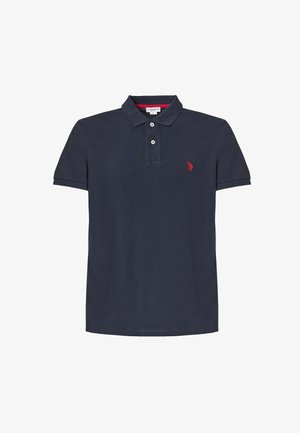 Polo shirt blu navy in cotone, caratterizzato da una patta con due bottoni, maniche corte e un logo rosso ricamato sul petto.