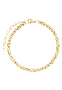 Bracelet doré avec des segments de chaîne entrelacés à texture lisse et un fermoir mousqueton. Comprend une extension de chaîne ajustable.