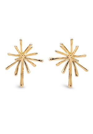 Boucles d’oreilles clous en métal ton or, en forme d’explosions d’étoiles abstraites avec des rayons allongés et irréguliers rayonnant du centre.