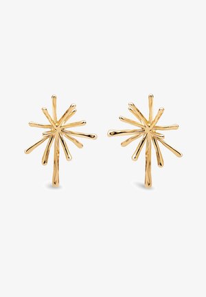 Boucles d’oreilles clous en métal ton or, en forme d’explosions d’étoiles abstraites avec des rayons allongés et irréguliers rayonnant du centre.