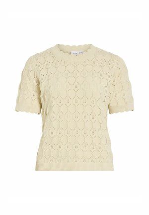 Pull en maille crème à manches courtes avec bords festonnés et motif en diamant texturé comportant de petits détails en forme de feuilles.