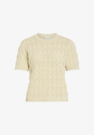 Kurzärmliger, cremefarbener Strickpullover mit wellenförmigen Kanten und einem strukturierten Diamantmuster mit kleinen Blattdetails.