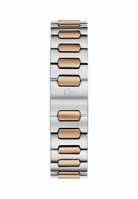 Silverfärgad armbandsur av rostfritt stål med polerade länkar och växelvis borstad guldfinish, utrustad med ett spänne som är graverat med "Gc."