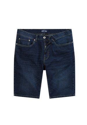 Dunkelblaue Denim-Shorts mit geradem Schnitt, fünf Taschen, einem Frontknopfverschluss und hellen Steppdetails.