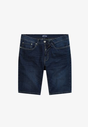 Dunkelblaue Denim-Shorts mit geradem Schnitt, fünf Taschen, einem Frontknopfverschluss und hellen Steppdetails.