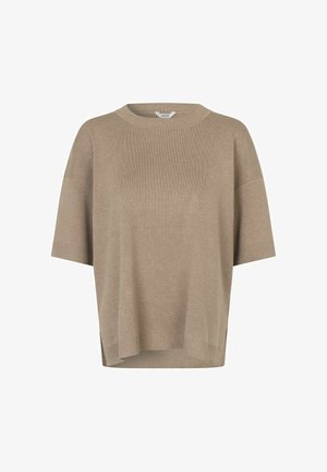 Beeži lühikeste varrukatega kootud kampsun, millel on soonikservadega ümmargune kaelus, mansetid ja alumine serv, pakkudes lõdvestunud istuvust ja veidi pikemat tagust hemmi.