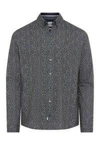 Langärmliges, button-up Hemd mit dunkelblauem Grund und kleinem weißen Blattmuster, ausgestattet mit einem Button-Down-Kragen und vorderem Knopfverschluss.