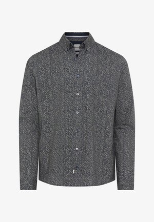 Langdurige overhemd met lange mouwen in donkerblauwe basis en een klein wit bladerenpatroon, met een button-down kraag en knopen aan de voorkant.