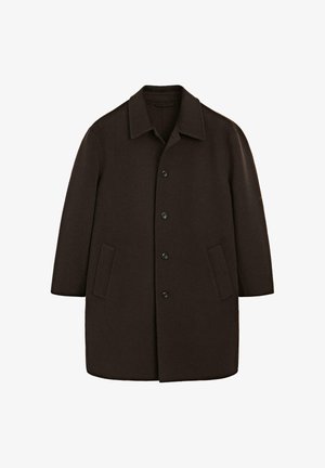 Manteau en laine marron avec un col, fermeture à bouton sur le devant, deux poches latérales et une silhouette droite. Texture lisse.