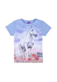 T-shirt in cotone azzurro con maniche corte, caratterizzato da una grafica di un cavallo che corre in bianco e il testo "Miss Melody" in glitter blu.