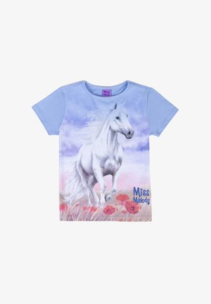 Light blue cotton t-shirt with short sleeves, featuring a white running horse graphic and "Miss Melody" text in blue glitter.
