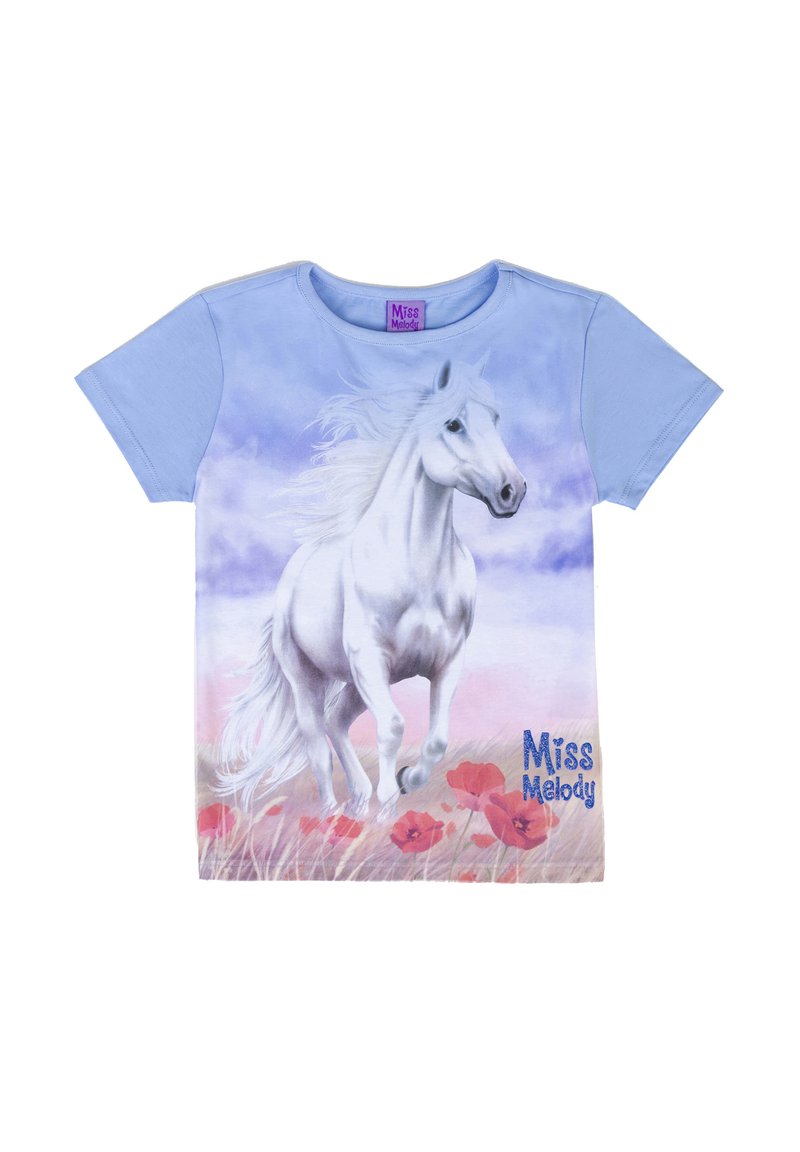 T-shirt in cotone azzurro con maniche corte, caratterizzato da una grafica di un cavallo che corre in bianco e il testo "Miss Melody" in glitter blu.