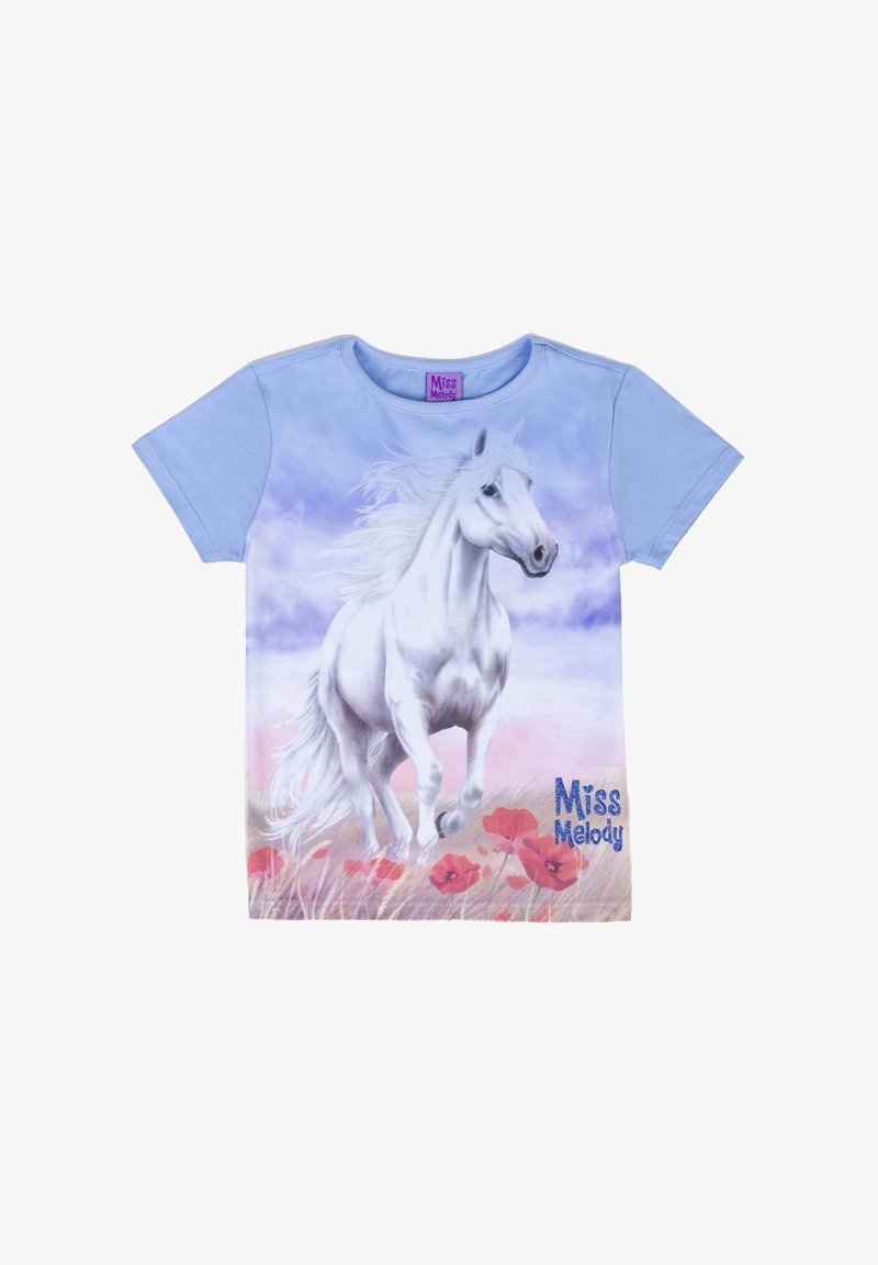 T-shirt in cotone azzurro con maniche corte, caratterizzato da una grafica di un cavallo che corre in bianco e il testo "Miss Melody" in glitter blu.