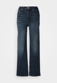 Jeanși largi de culoare albastru închis, confecționați din denim. Design cu talie înaltă, închidere cu buton frontal și buzunare laterale. Textură netedă și croială clasică.