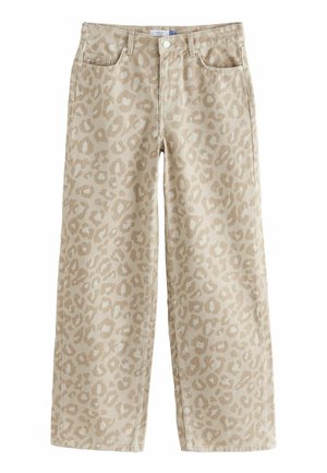 Beige kalhoty s širokými nohavicemi, které mají jemný leopardí vzor, vyrobené z texturované látky s předními kapsami a zipovým zapínáním.