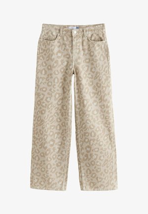 Beige weit geschnittene Hosen mit einem dezenten Leopardenmuster, aus einem strukturierten Stoff, mit frontalem Taschen und einem Reißverschluss.