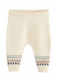 Cremefarvede strikkede babybukser med ribbet talje og blomster mønster i blå, pink og gul ved manchetterne. Blød tekstur.