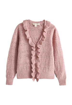 Pink gestrickte Strickjacke mit Rüschensaum entlang der geknöpften Vorderseite, mit einem zarten Ajourmuster und langen Ärmeln.