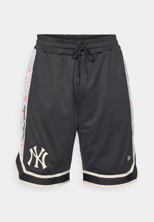 Black mesh shorts with elastic waistband and drawstring. Features floral patterned side panels and a white New York logo on hem.