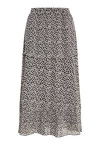 Bloemen midi-jurk met een gelaagd ontwerp. Heeft een donkere achtergrond met witte en gele bloemen. Gemaakt van lichtgewicht, soepel materiaal.