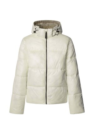 Veste rembourrée en crème pâle avec une capuche, dotée d'une fermeture éclair à l'avant, d'accents élastiques et d'une texture matelassée. Tissu lisse et léger.