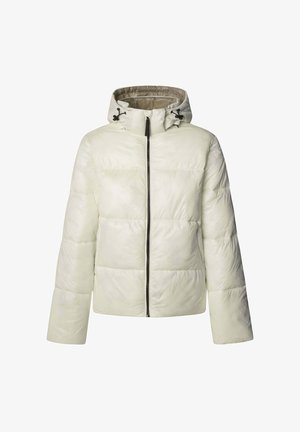 Giacca imbottita in crema pallido con cappuccio, presenta una chiusura con zip, dettagli elasticizzati e texture trapuntata. Tessuto liscio e leggero.