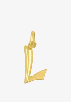 Pendentif lettre "L" en or avec une finition polie et un accent texturé, doté d'une boucle pour fixation.