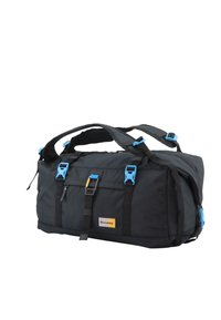 Black duffel bag with blue accents, featuring multiple zippered pockets, fabric straps, and a sturdy design for outdoor use.