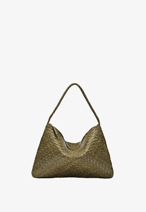 Braided brown leather handbag with a curved top and single shoulder strap, featuring a zipper closure on one side.