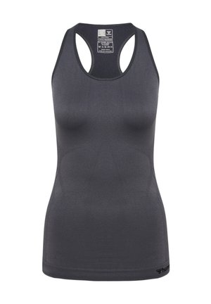 Dark grey activewear tank top with a fitted design. Features a racerback style and smooth texture. Includes a label on the back.