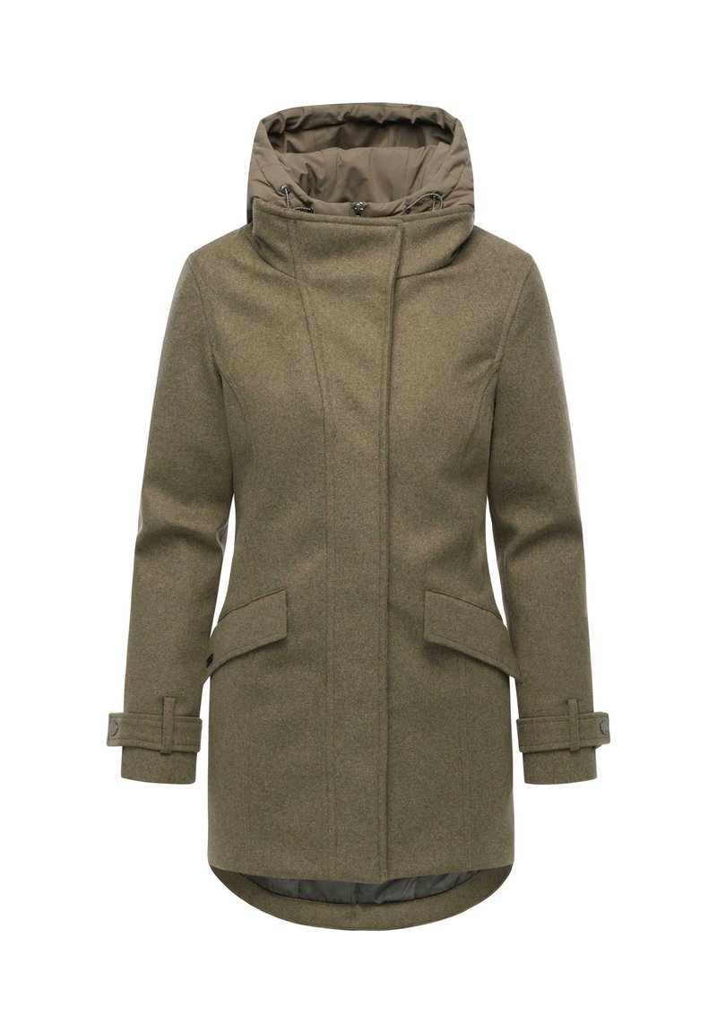 Olive-green wool coat with a high collar, adjustable hood, two front pockets, and buttoned cuffs. Smooth inner lining and straight hem.