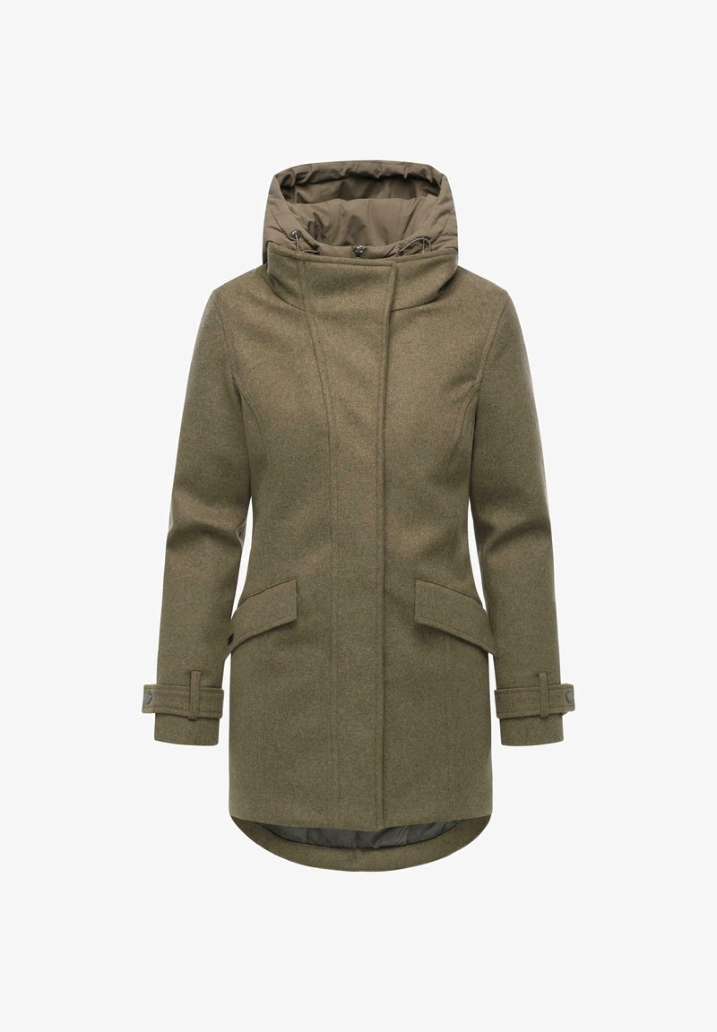 Olive-green wool coat with a high collar, adjustable hood, two front pockets, and buttoned cuffs. Smooth inner lining and straight hem.