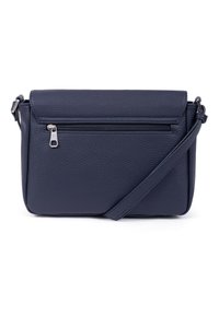 Borsa a tracolla in pelle blu navy con finitura texturizzata, pattina frontale, tasca con zip e tracolla regolabile per un trasporto versatile.