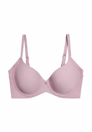 Sujeción acolchada de color rosa claro con tirantes ajustables y una textura suave. Cuenta con un botón decorativo central y una confección sin costuras.