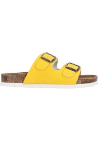 Gelbe Rutsch-Sandalette mit zwei verstellbaren Schnallen, Korkfußbett und einer weißen Gummisohle. Glatte Textur mit abgerundeten Kanten.