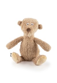 Tan plush teddy bear with a fuzzy texture, round ears, large eyes, and a simplistic face. Sitting position with short limbs and a soft belly.