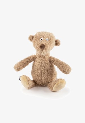 Tan plush teddy bear with a fuzzy texture, round ears, large eyes, and a simplistic face. Sitting position with short limbs and a soft belly.