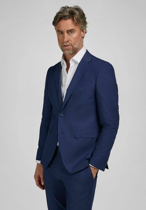 Mand med gråt hår og skæg iført en navyblå jakkesæt og hvid skjorte, stående med den ene hånd i lommen mod en ensfarvet baggrund.