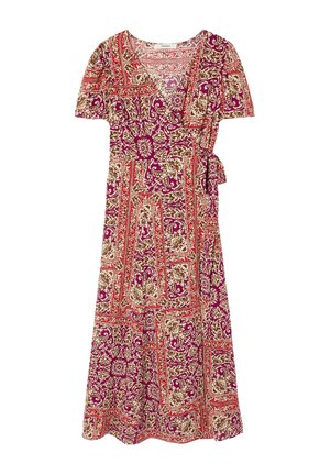 Robe portefeuille à manches courtes avec un motif floral et géométrique rouge, violet et beige, nouée à la taille avec un nœud sur le côté.