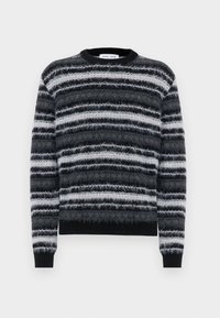 Fuzzy black and gray striped sweater with a round neckline and ribbed cuffs, featuring light gray and white horizontal stripes throughout.