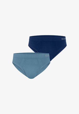 Twee herenslips in een eenvoudig ontwerp, één lichtblauw en één marineblauw, met elastische taillebanden en subtiele merkemblemen.