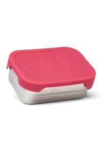 Edelstahl-Lunchbox mit einem leuchtend pinken Silikondeckel, der geprägte Illustrationen aufweist. Ungiftig und spülmaschinenfest. Rechteckige Form.
