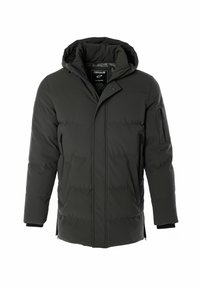 Chaqueta acolchada gris oscuro con capucha, que incluye un bolsillo con cremallera en la manga, bolsillos laterales y una textura acolchada. Cierre frontal a presión.