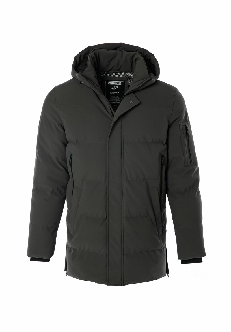 Chaqueta acolchada gris oscuro con capucha, que incluye un bolsillo con cremallera en la manga, bolsillos laterales y una textura acolchada. Cierre frontal a presión.