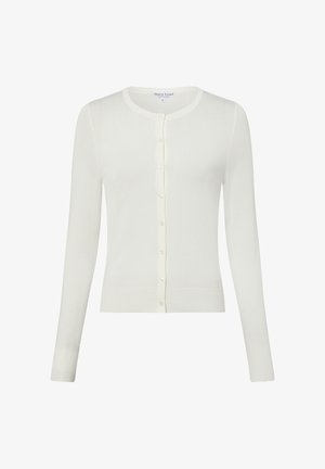 Leichtes cremefarbenes Strickjacke mit rundem Ausschnitt, durchgehenden Ärmeln und Knopfverschluss vorne. Glatte Textur mit geripptem Saum.