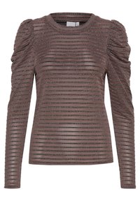 Brunrandig långärmad topp med lätt puffärm. Tyget har horisontella ränder med metalliska accenter för textur och detalj.