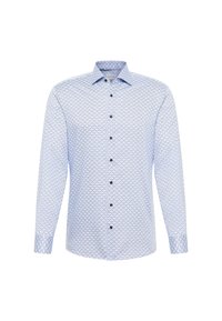 Langarmhemd met een blauw-wit geometrisch patroon, gemaakt van lichtgewicht stof, met een klassieke kraag en zwarte knopen.