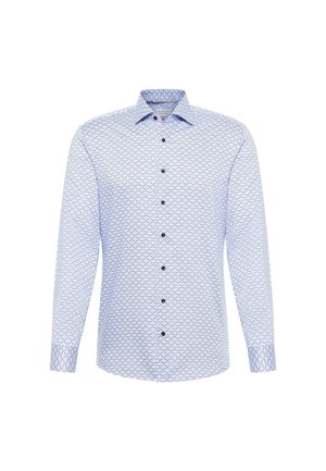 Long-sleeve shirt featuring a blue and white geometric pattern, made from lightweight fabric, with a classic collar and black buttons.