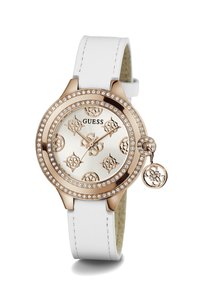 Montre ronde avec un bracelet en cuir blanc, lunette en or rose, accents en cristal et un cadran blanc comportant des motifs en relief et un logo.