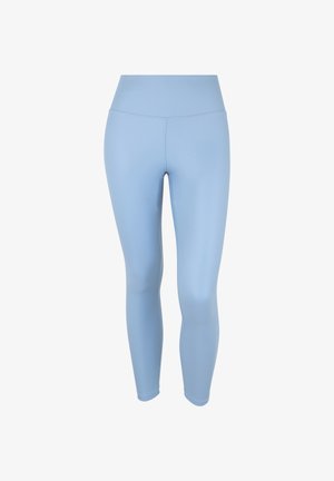 Leggings de color azul claro con una tela suave y elástica y una cintura alta, que presentan costuras planas para mayor comodidad y un ajuste entallado.